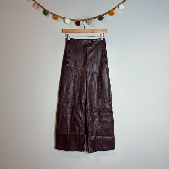 SUNCOO Pants - Suncoo Paris burgundy faux leather wide leg cropped pants